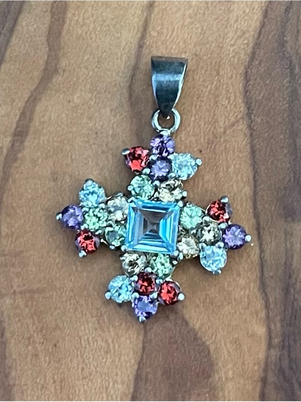 Vintage Sterling Silver Gemstone Cross Pendant